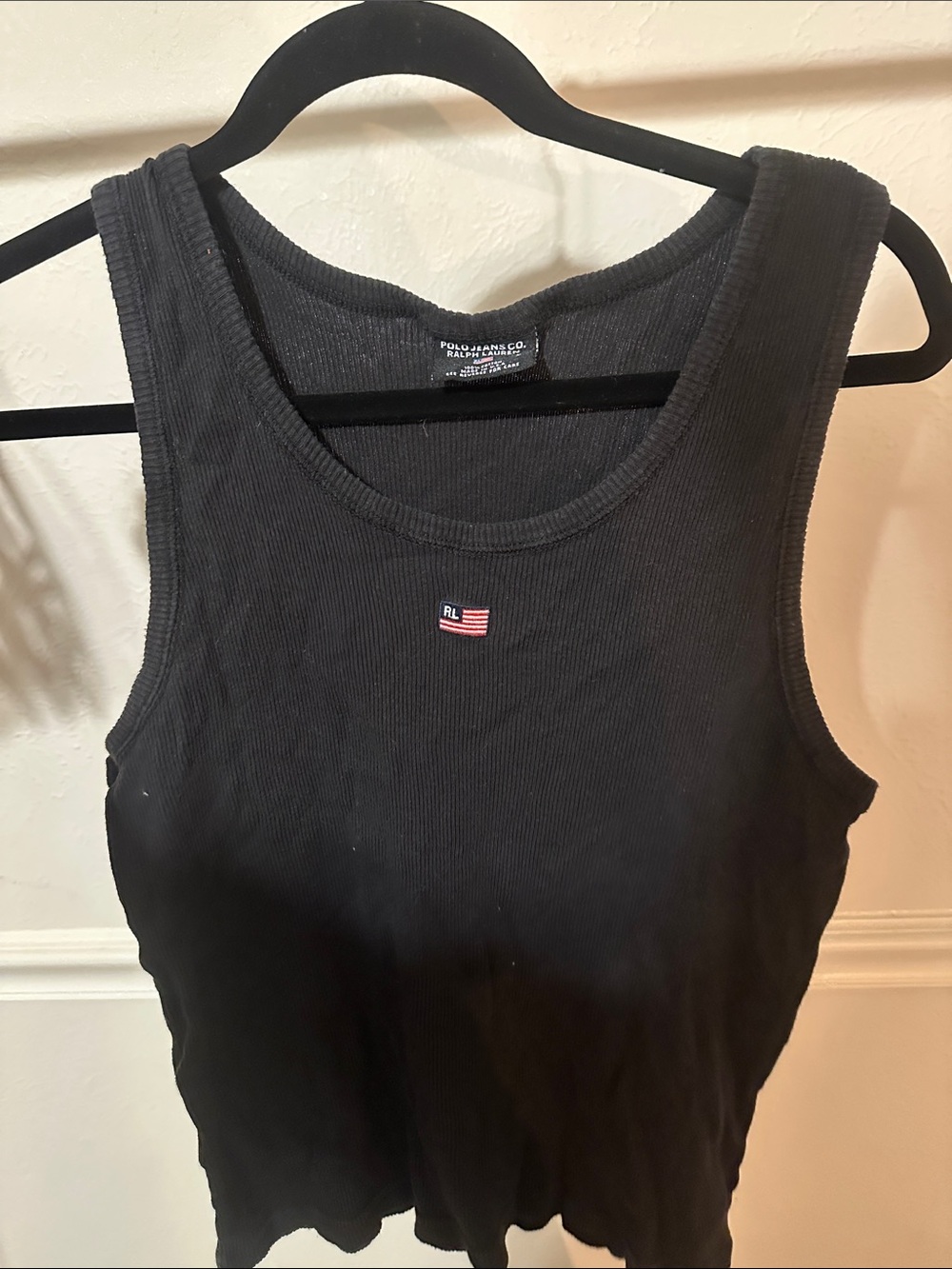Polo by Ralph Lauren Black Ribbed Sleeveless Tank with Flag Patch